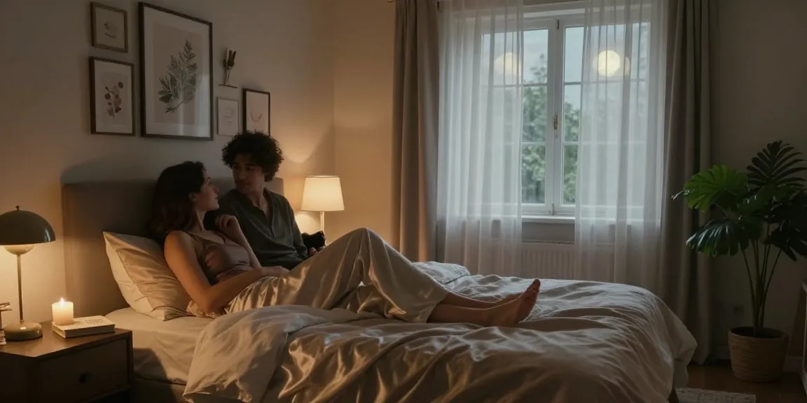 Couple enjoying intimate moments in a cozy bedroom focused on ai sex exploration.