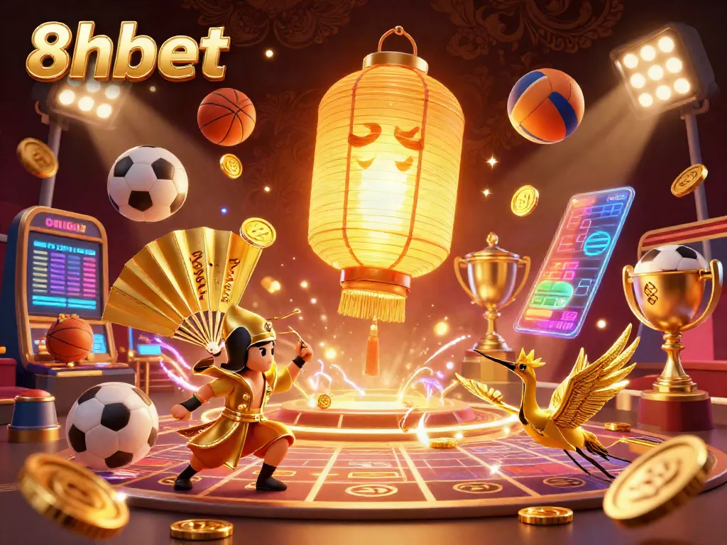 Experience 8xbet's vibrant gaming ambiance featuring a golden lantern spirit and dynamic sports elements in this captivating illustration.