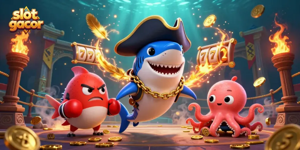 Experience the thrill of slot gacor with our colorful 3D scene of a pirate shark, pufferfish, and octopus showcasing excitement and fun!