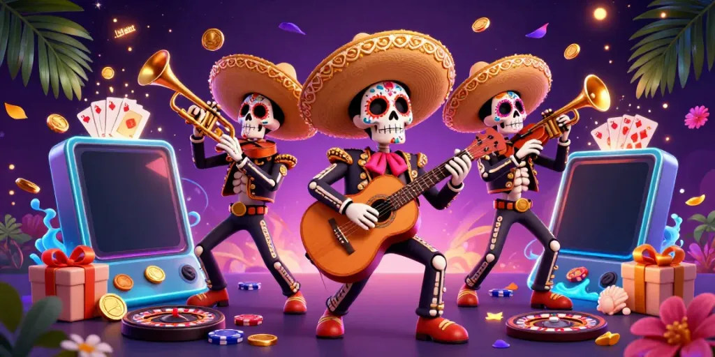 Play vibrant link slot games with Dia de los Muertos skeletons in ultra-detailed 3D illustration.