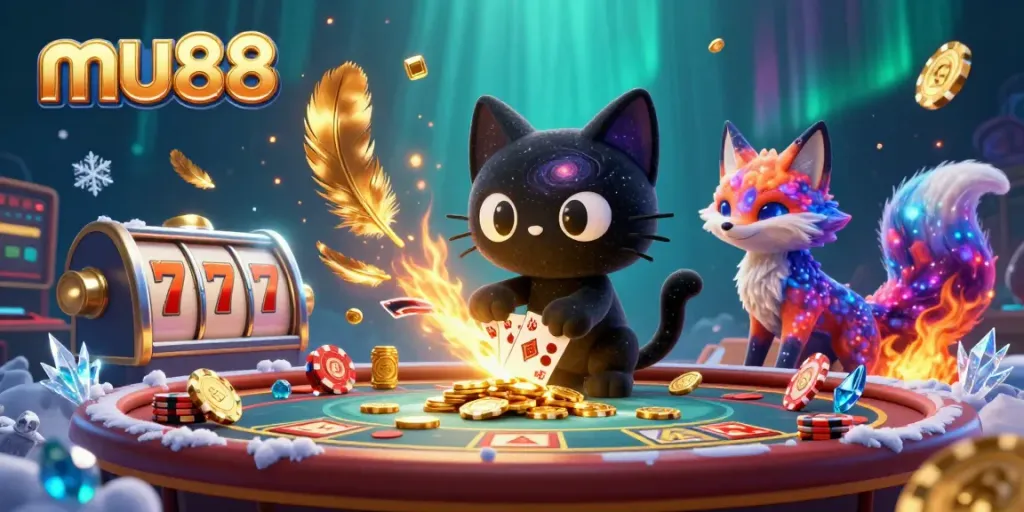 Experience thrilling gameplay at mu88 with a cosmic casino scene featuring a black hole cat and nebula fox.