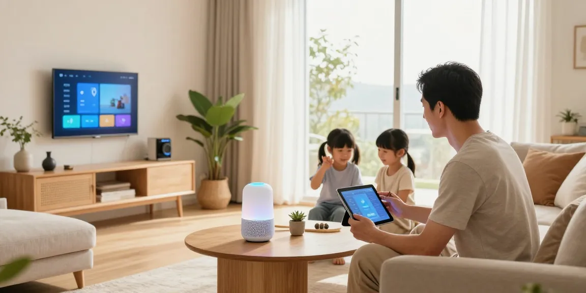 Family engaging with smart home gadgets, showcasing a modern living room with smart controls and cozy atmosphere.