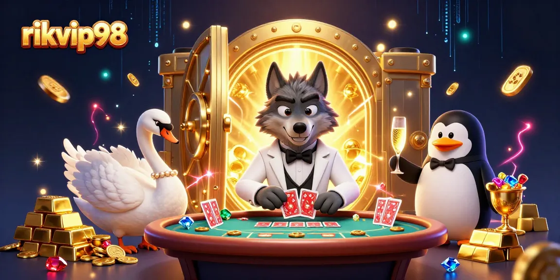 Experience rikvip98 with a debonair wolf and elegant characters enjoying baccarat amidst overflowing treasures.
