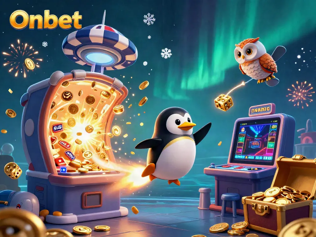 Experience the vibrant explosion of fortune on Onbet, with a golden penguin soaring towards a jackpot-filled casino.