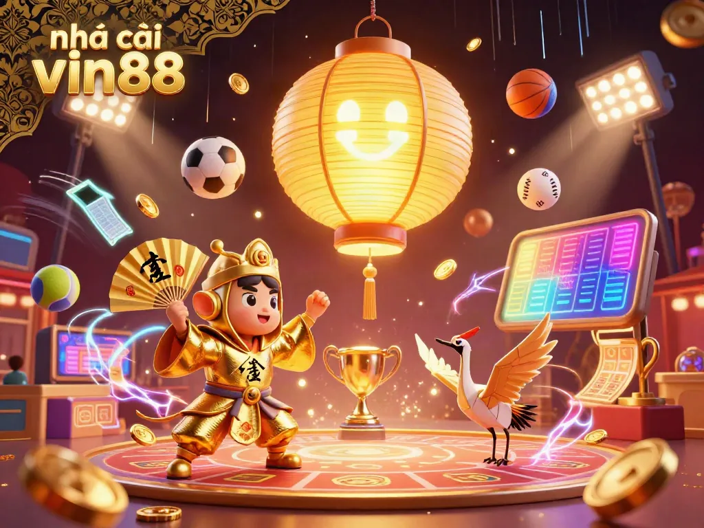 Experience the vibrant action at nhà cái vin88 with a golden lantern spirit and dynamic game elements in a casino scene.