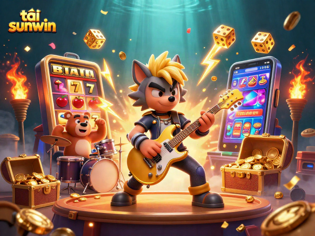 Spin the reels with tải sunwin, featuring a rock star wolf and exciting jackpot visuals!