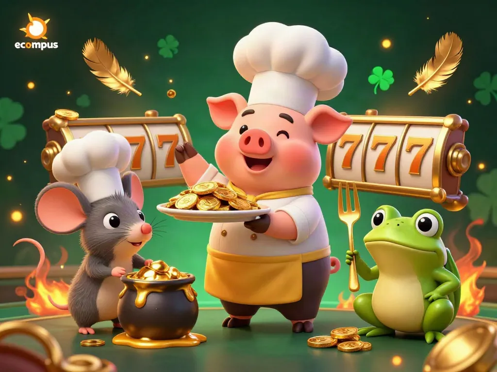 Experience the vibrant world of ecompus with a chef pig serving gold coins in a lively casino setting.