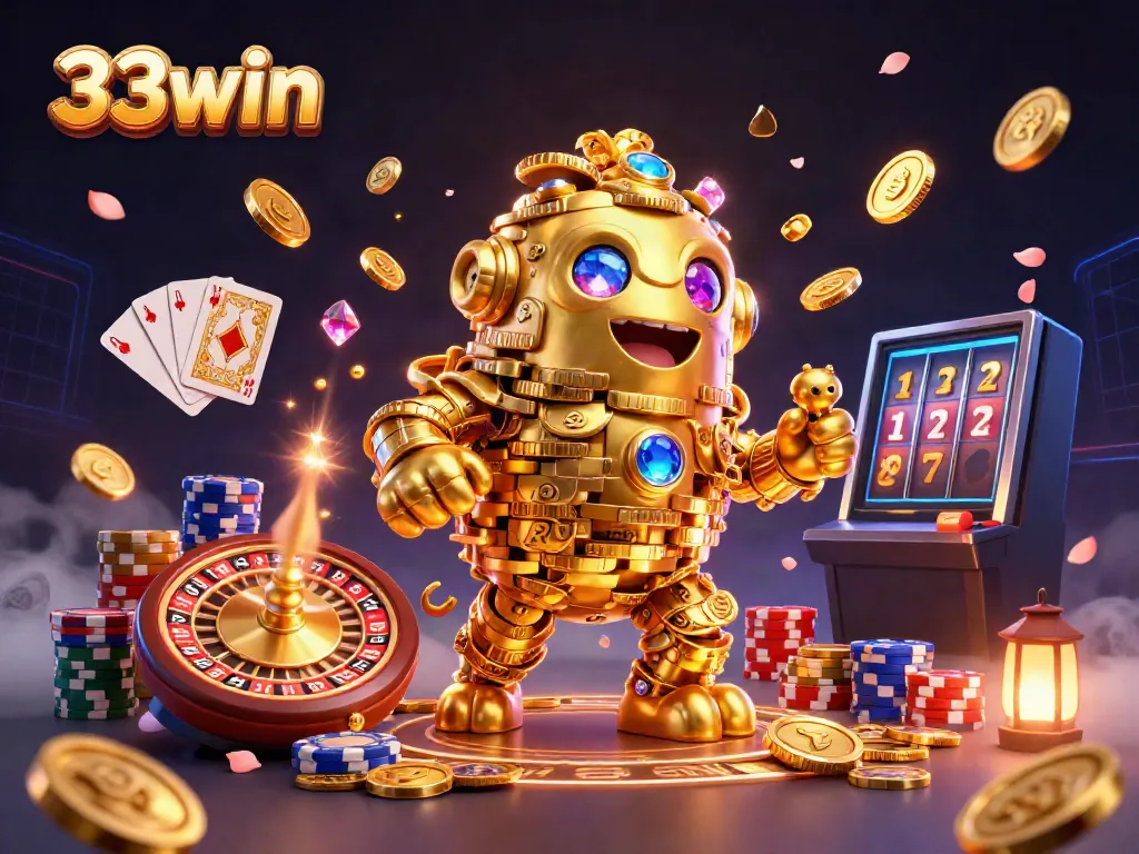 Experience the vibrant world of 33win with stunning casino elements and animated golden golem.