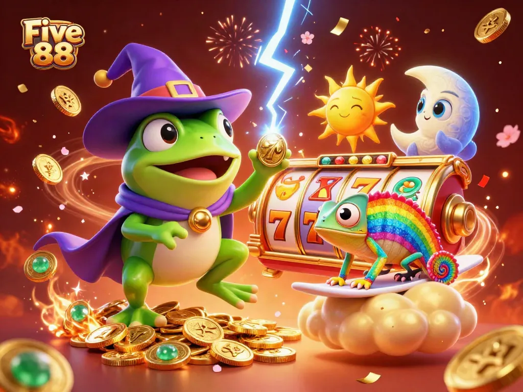Experience the excitement of Five 88 with a vibrant illustration showcasing a wizard frog and chameleon amidst gold coins and slot machines.