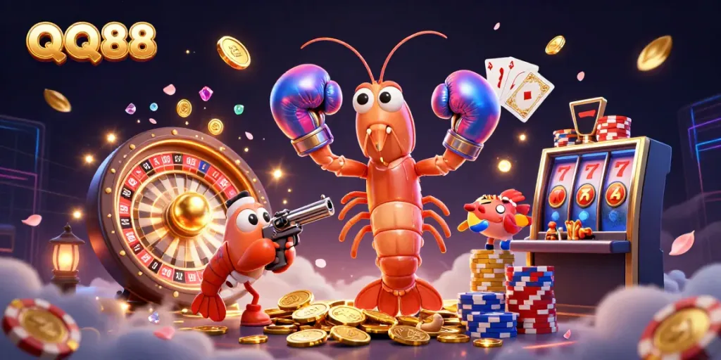 Experience the thrilling world of QQ88 with vibrant characters and dynamic casino elements.