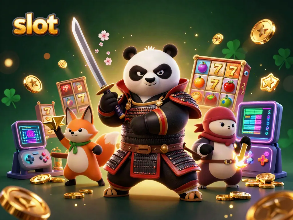 Experience the excitement of slot games with a dynamic 3D samurai panda and friends!