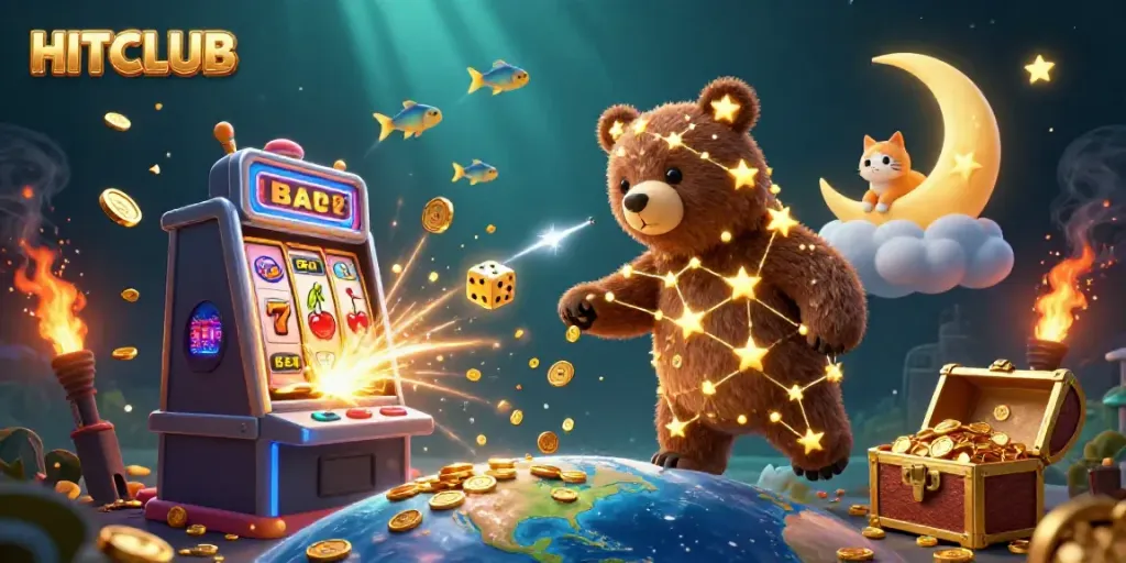 Join the excitement at HITCLUB with golden coins and slot machines illuminating your gaming experience.