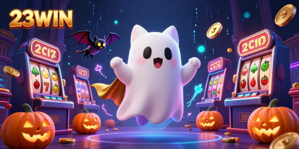 Experience excitement at 23WIN with a friendly ghost cat and vibrant casino elements.