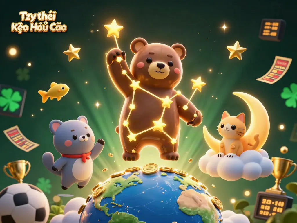 Tỷ lệ Kèo Nhà Cái showcased in a vibrant 3D scene with constellation bear and sports elements