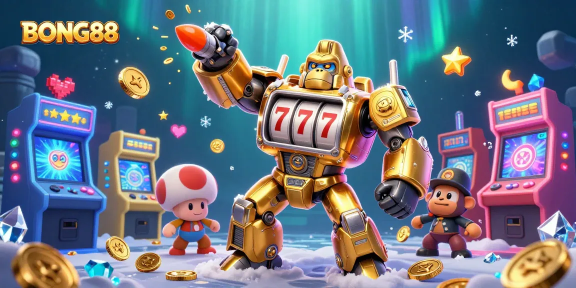 Experience the thrill of BONG88 with a dynamic 3D golden gorilla mech and arcade elements in one vibrant scene.