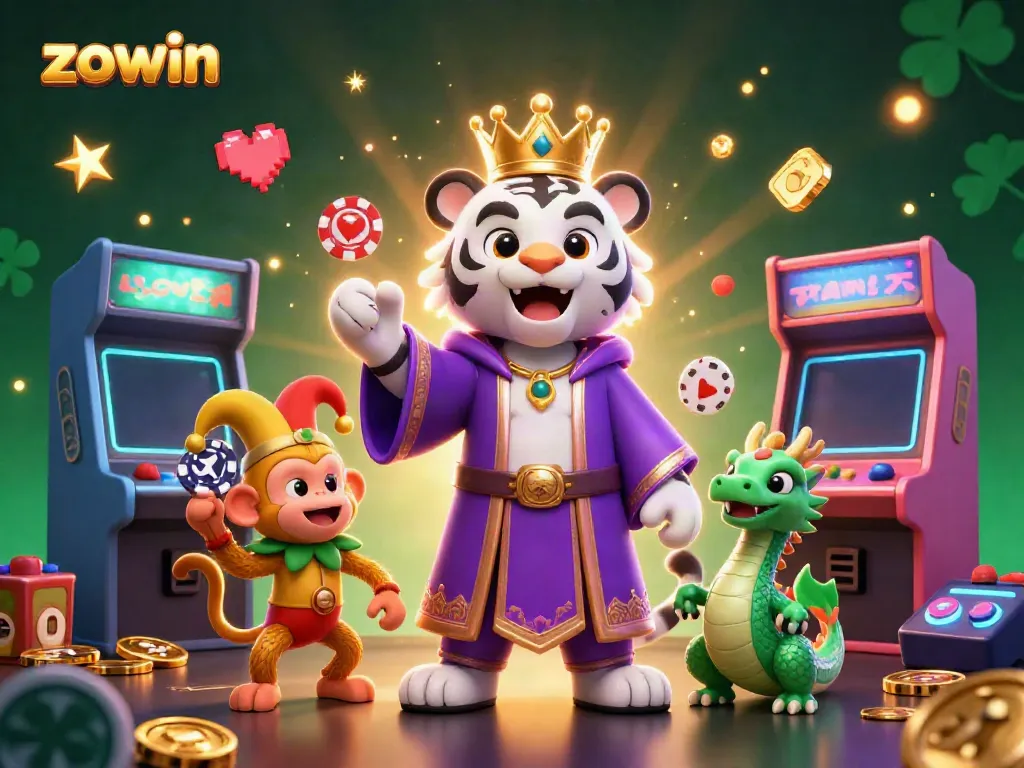 Engage with the lively Zowin illustration featuring a regal tiger and playful monkey in a casino scene.