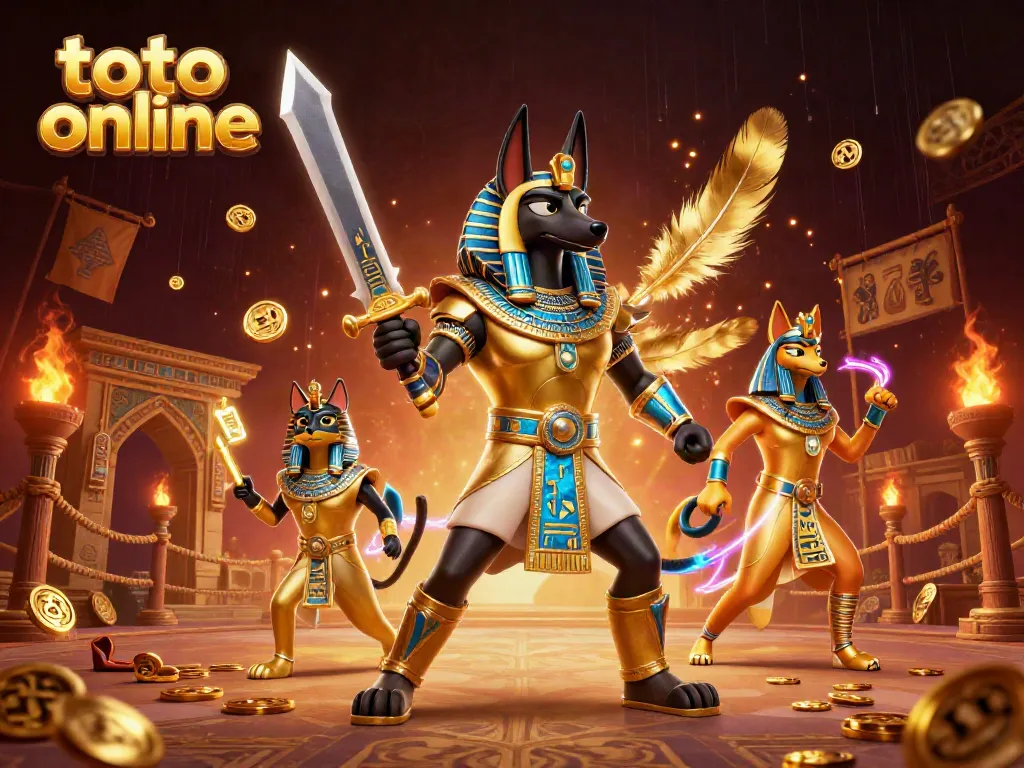 Experience exciting toto online gambling with Anubis and Bastet in a vibrant, dynamic 3D illustration.