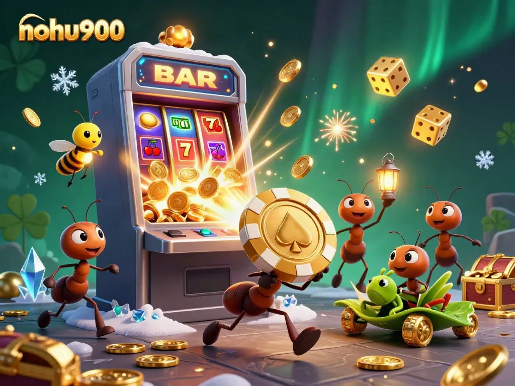 Engage with nohu900's dynamic heist scene featuring cartoon ants and vibrant casino elements for an exciting experience.