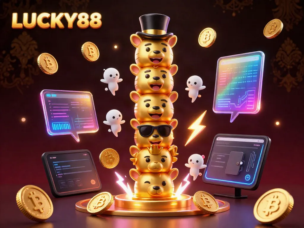 Experience the exciting world of LUCKY88 with vibrant casino and crypto elements in a colorful scene.
