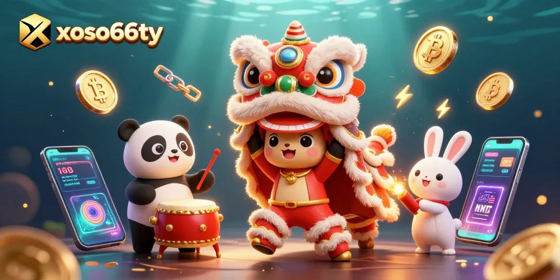 xoso66ty invites players to enjoy a vibrant lion dance scene with dazzling crypto elements, capturing online gambling excitement.