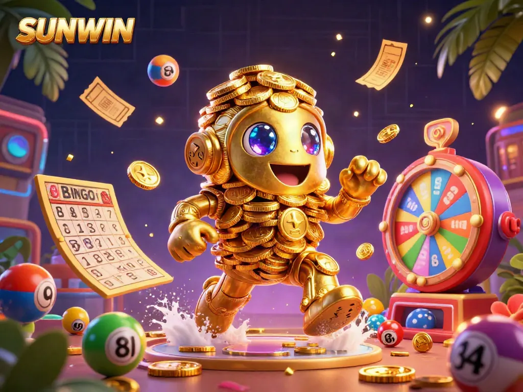 Experience unparalleled excitement at SUNWIN with a golden golem amidst a vibrant casino scene full of rewards.