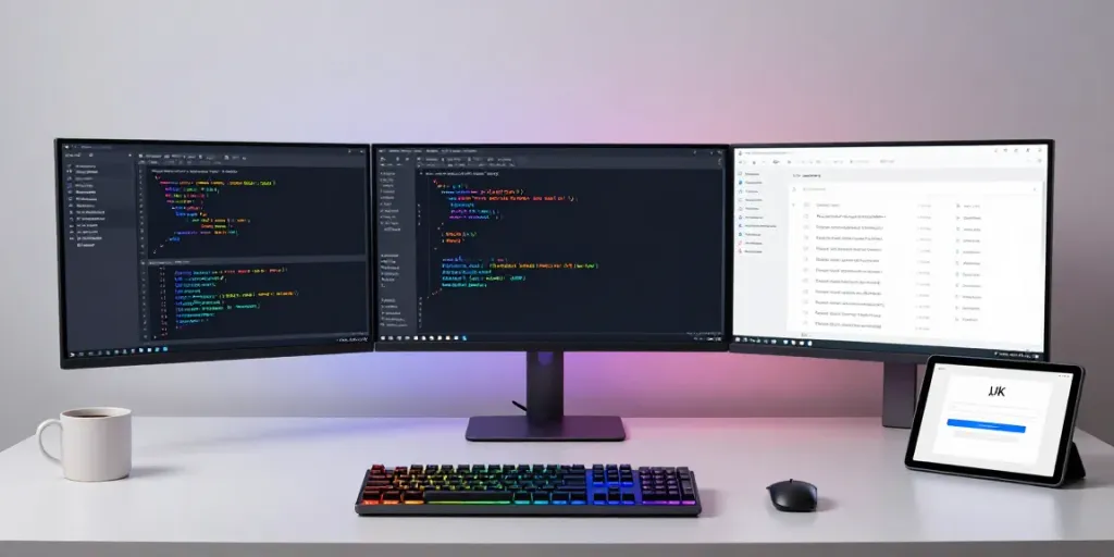 .uk domain search on a sleek developer's workspace showcasing coding tools and advanced software development.
