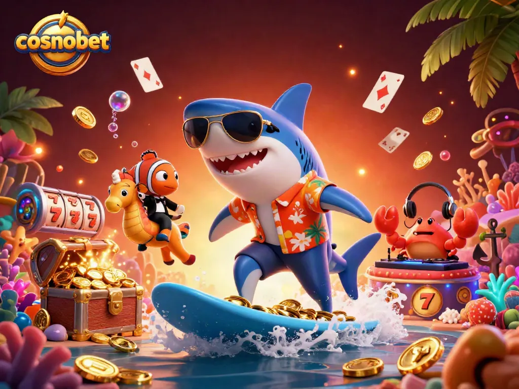 Experience the thrill of cosmobet with our vibrant casino-themed underwater scene featuring a shark, clownfish, and crab DJ.