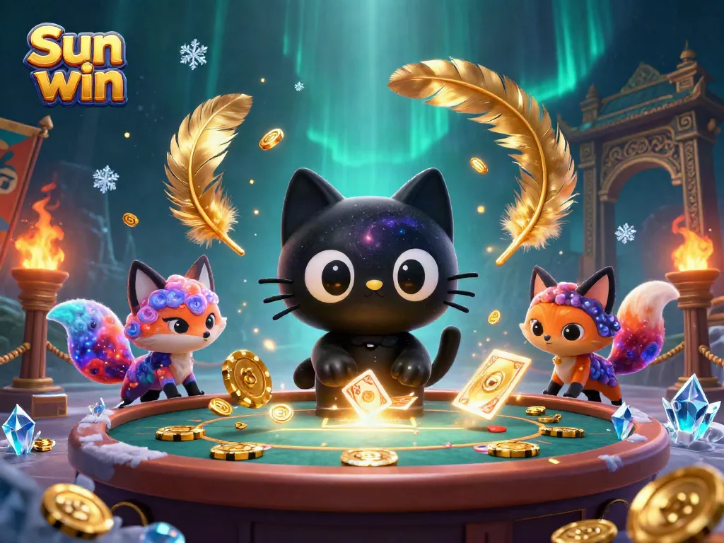 Engage with Sun win as a cosmic cat draws in casino chips and cards in a vibrant cosmic setting.