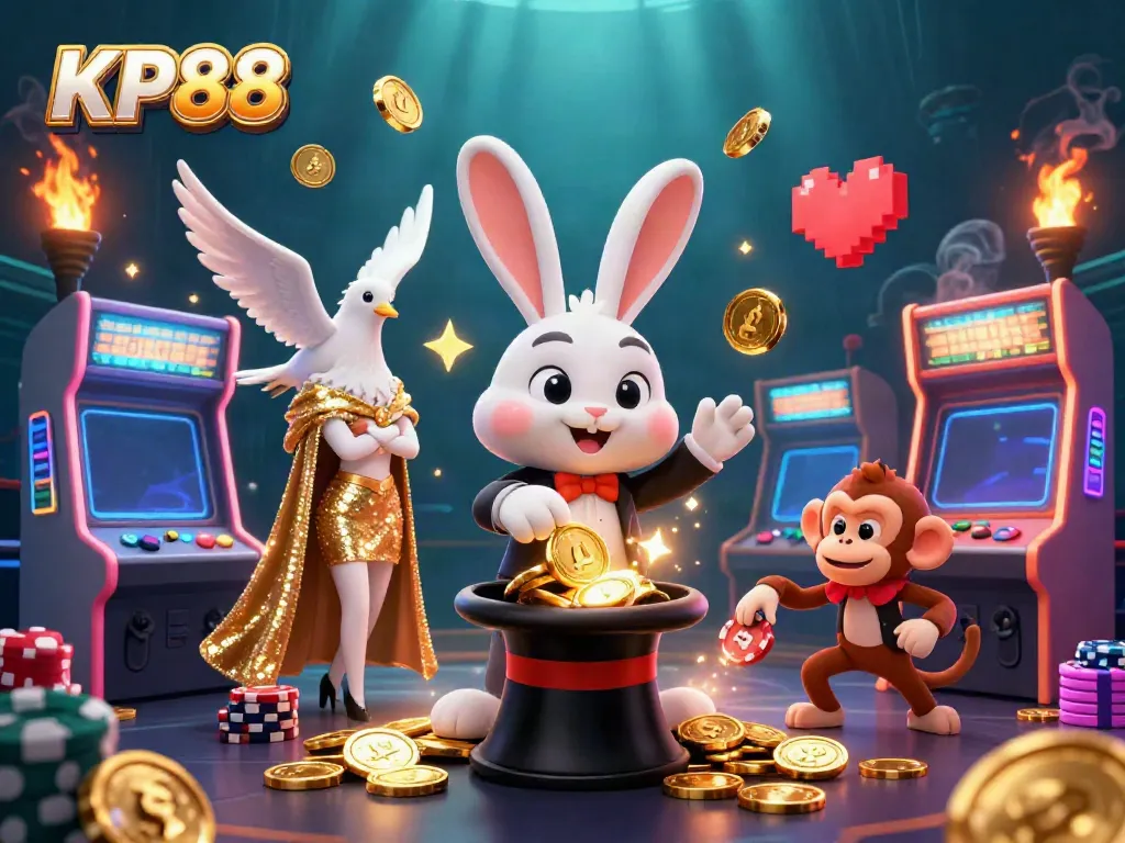 Experience the magic of KP88 with a whimsical rabbit and colorful casino games.