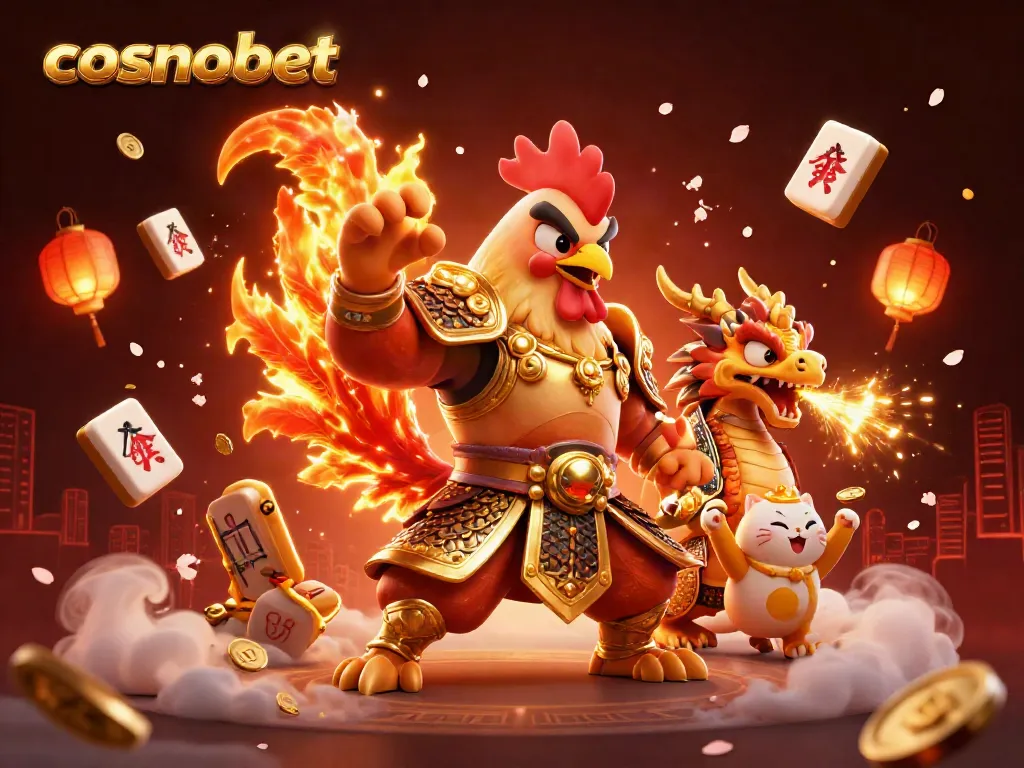 Experience the thrills at cosmobet with a dynamic 3D scene featuring a rooster warrior and dragon