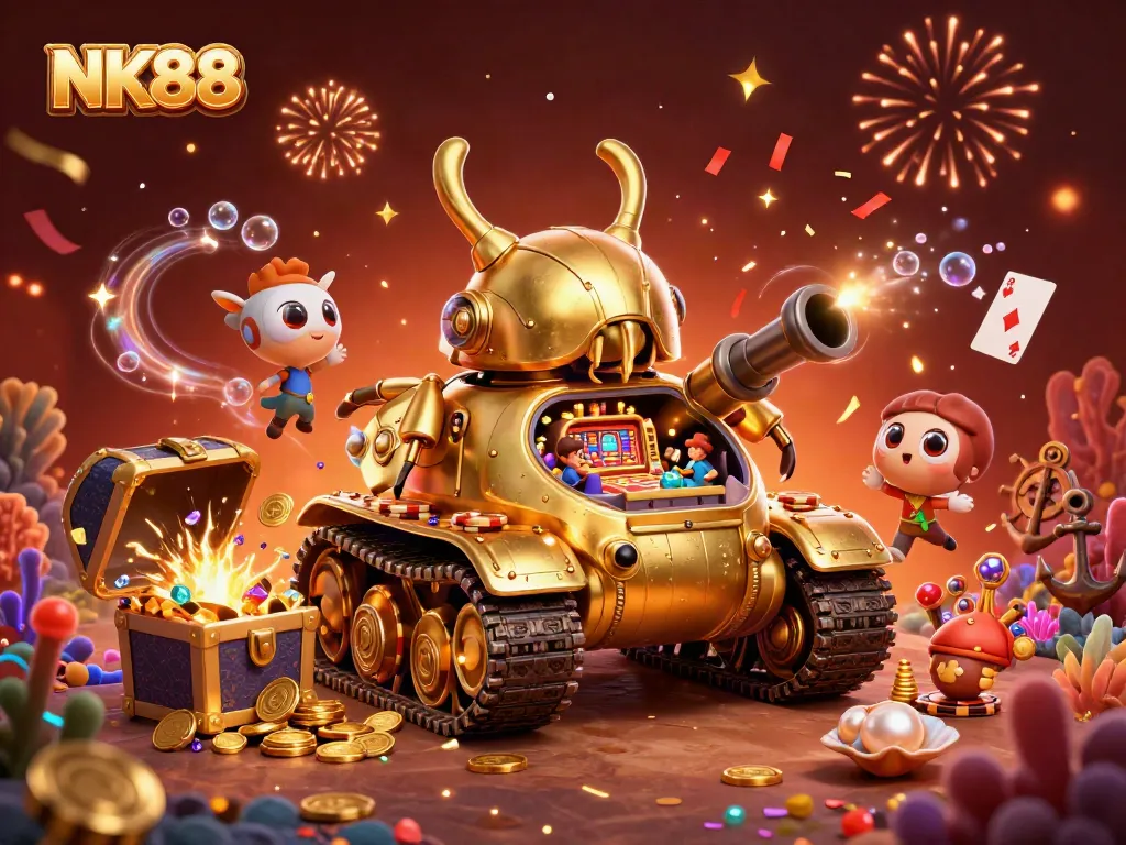 Experience the thrill of NK88 in a vibrant cartoon casino scene with a golden beetle tank.