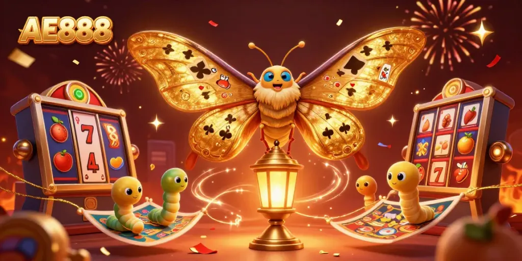 Experience the excitement of AE888 with a vibrant scene of a golden moth and lively casino elements.