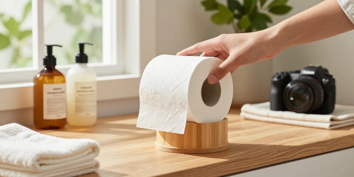 Soft Bamboo Toilet Paper displayed in a sustainable bathroom setting, surrounded by eco-friendly items.