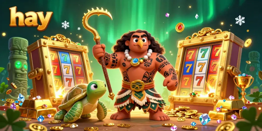 Experience winning with hay as the Polynesian demigod and turtle navigate a vibrant casino scene filled with treasures.