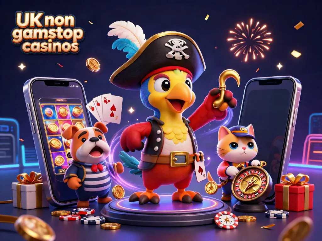 Engaging illustration of UK non gamstop casinos featuring a pirate captain parrot and gaming elements.