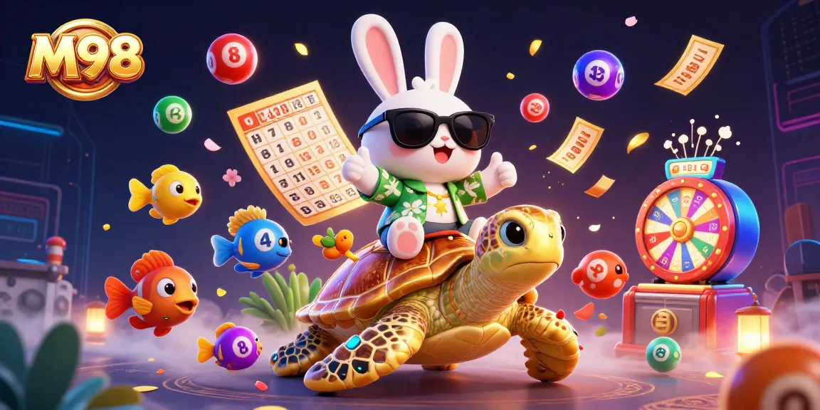 M98 delivers thrilling gaming adventures with a lucky rabbit and golden sea turtle illustration.