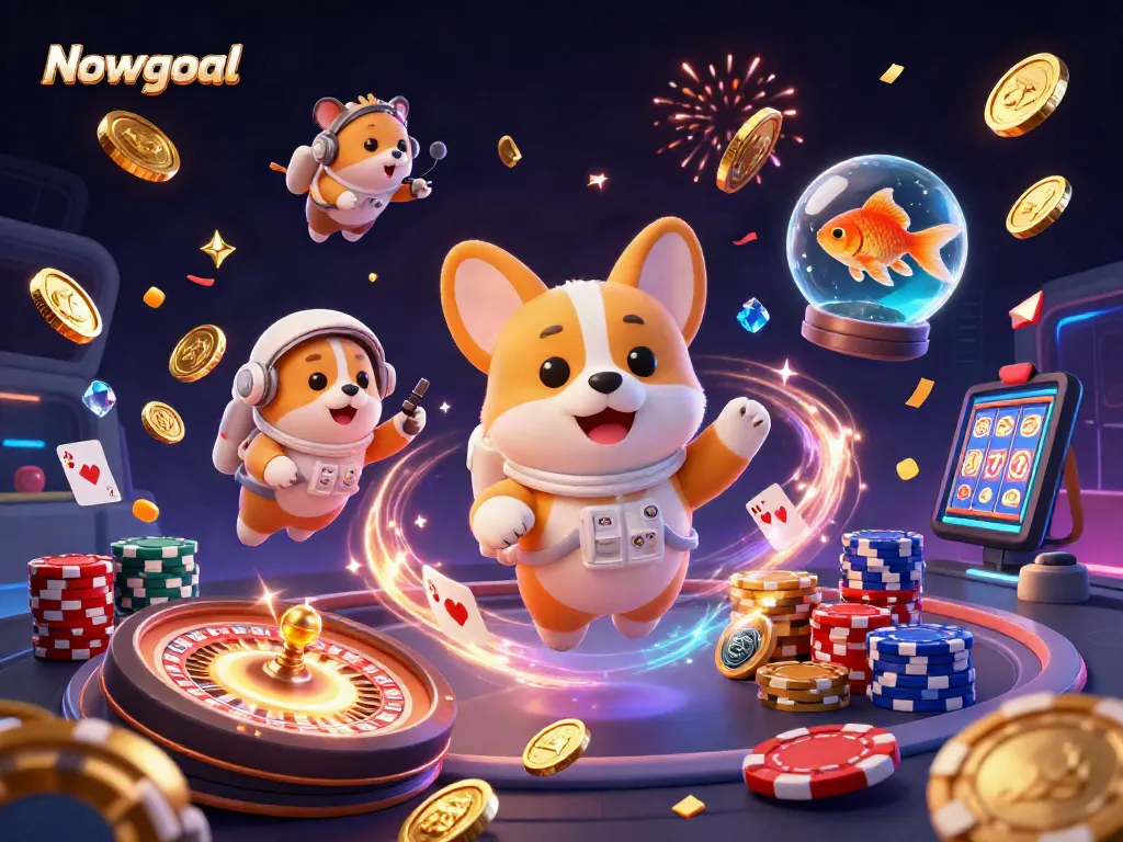 Nowgoal provides real-time betting insights with engaging animations of an astronaut dog and floating casino elements.