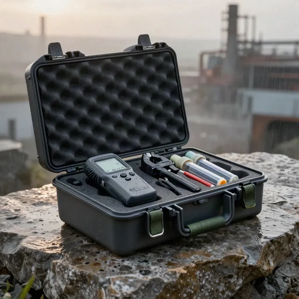 Open carbon audit kit with analyser, clamp meter and sample tubes on wet pale stone.
