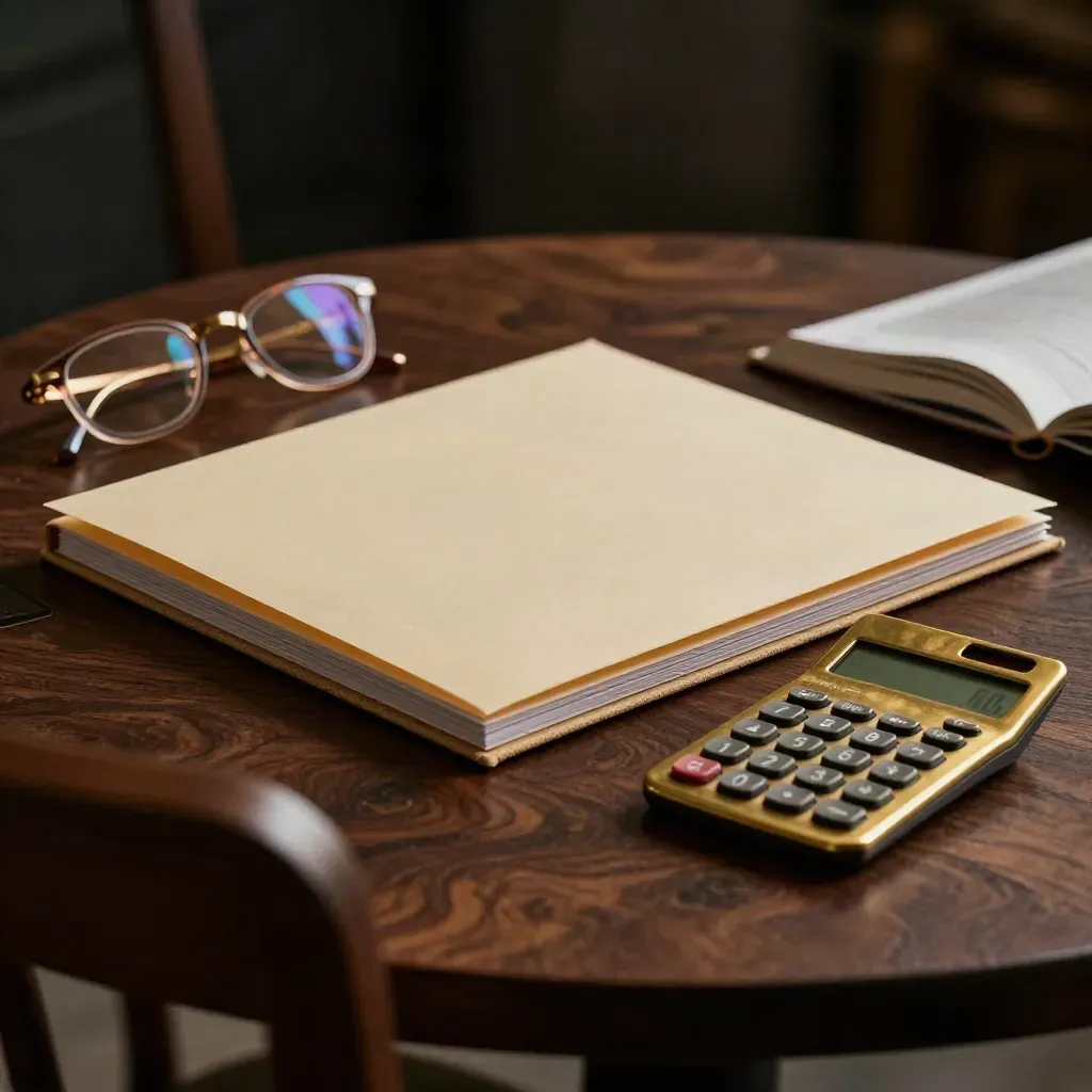 Recycled-fibre folder, brass calculator and reading glasses on walnut in dramatic low light