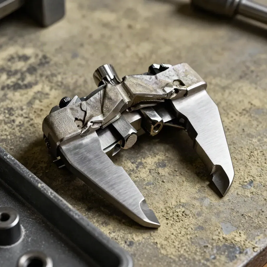 Macro still life of calipers, torque wrench, and parts tray on a stone workbench.