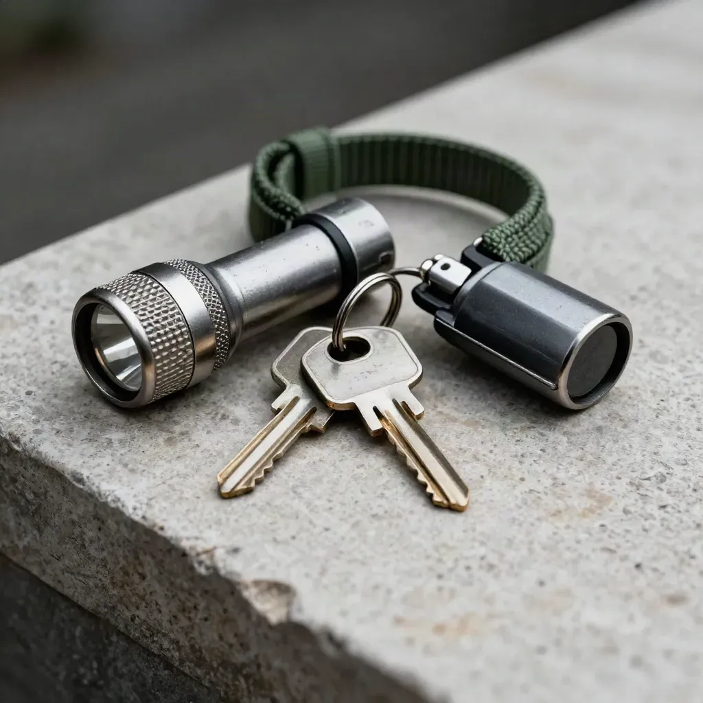 Keys, flashlight and badge reel on pale stone with dark shadowy background