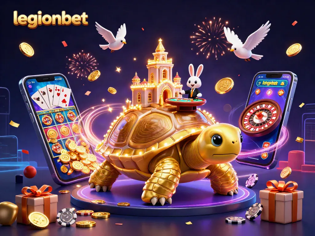Engaging scene with characters celebrating at legionbet casino, featuring a golden tortoise, rabbit dealer, and dynamic game elements.