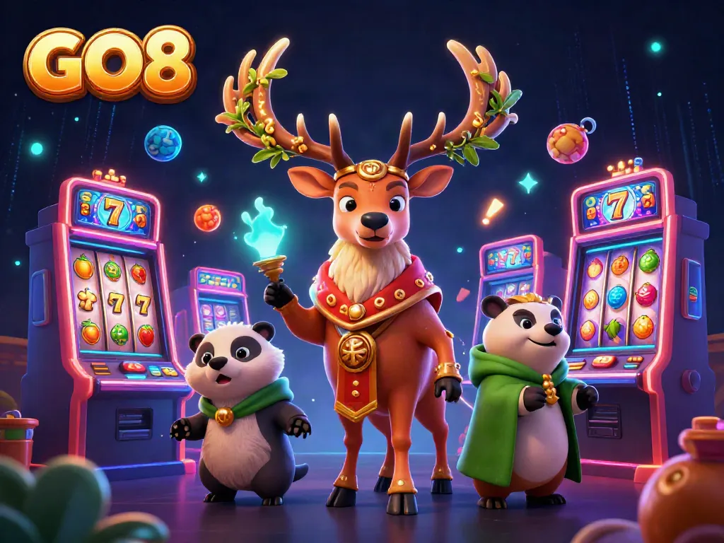 Spin to win with GO8's vibrant casino scene, showcasing mesmerizing slot machines and whimsical characters.
