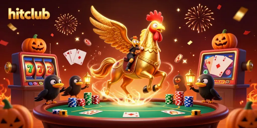 Experience the thrill of hitclub with vibrant casino elements featuring a golden rooster and colorful poker chips.