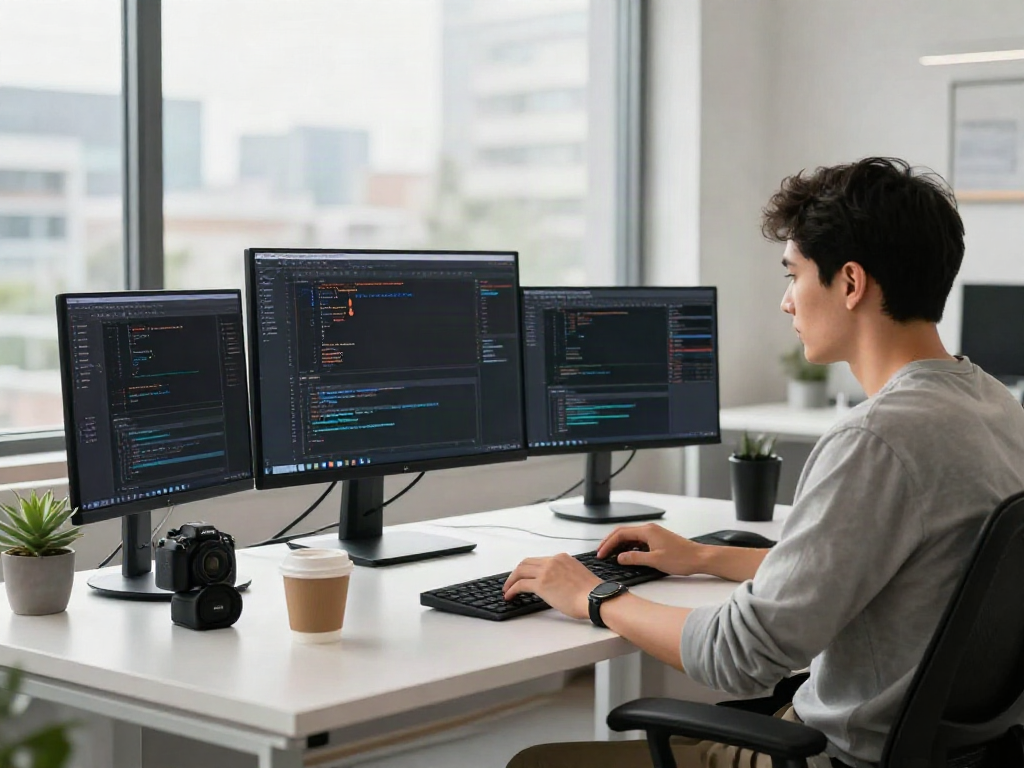 Developer coding an instant indexing tool in a modern tech office.