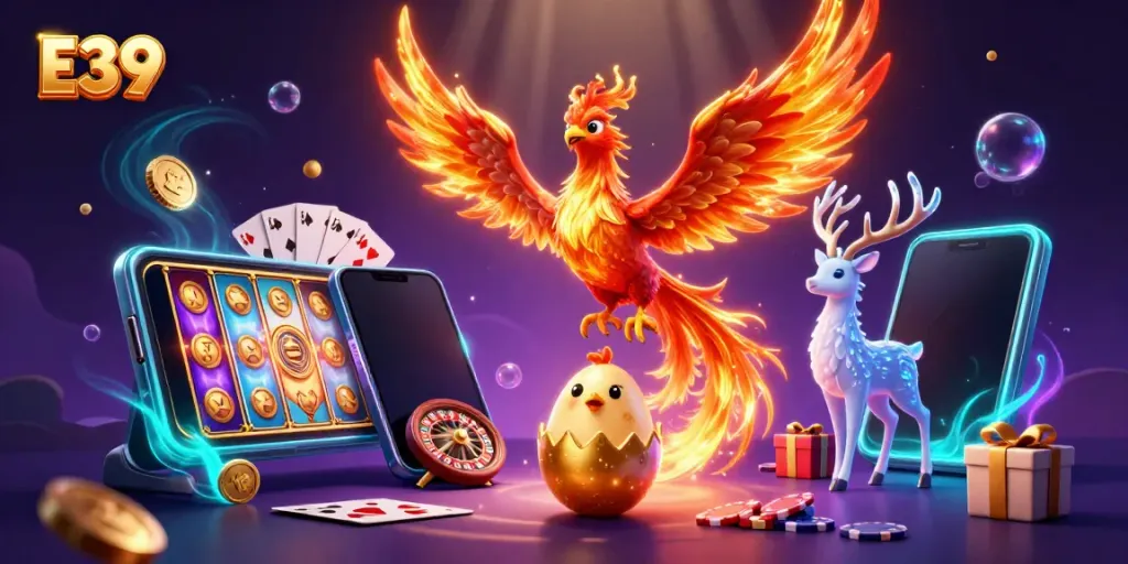 Engage with E39's thrilling slots while a phoenix symbolizes luck and wealth in this rich casino scene.