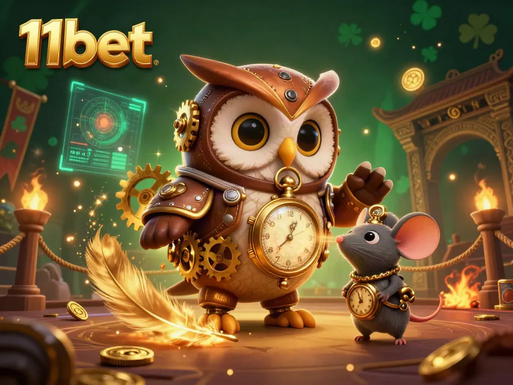 Bet on thrilling casino adventures with 11bet's unique steampunk owl and mouse illustration.