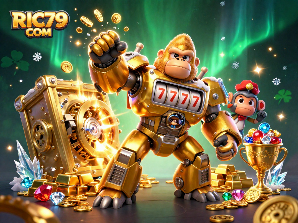 Experience thrilling slot action with RIC79 COM featuring a golden gorilla mech amidst treasures.