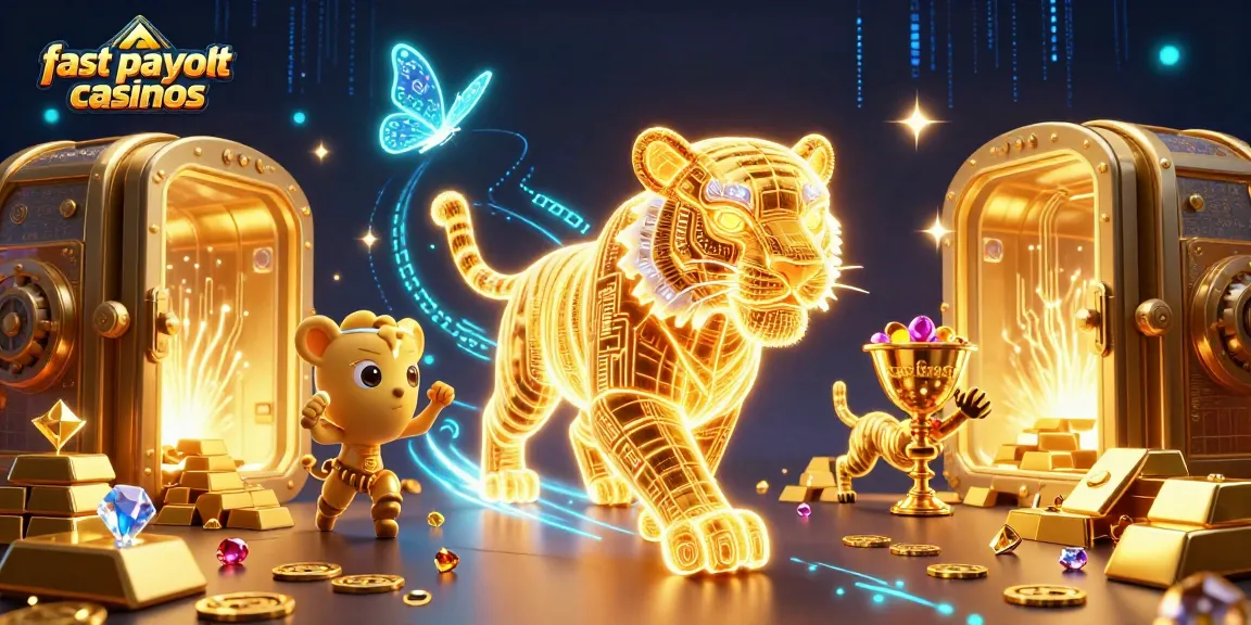 Experience the thrill of fast payout casinos with a glowing tiger and treasure in a vibrant casino