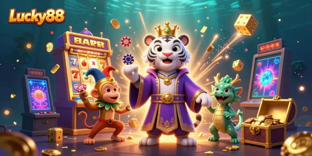 Experience a vibrant Jackpot explosion with Lucky88, featuring a vivid scene of a tiger, monkey, and dragon.